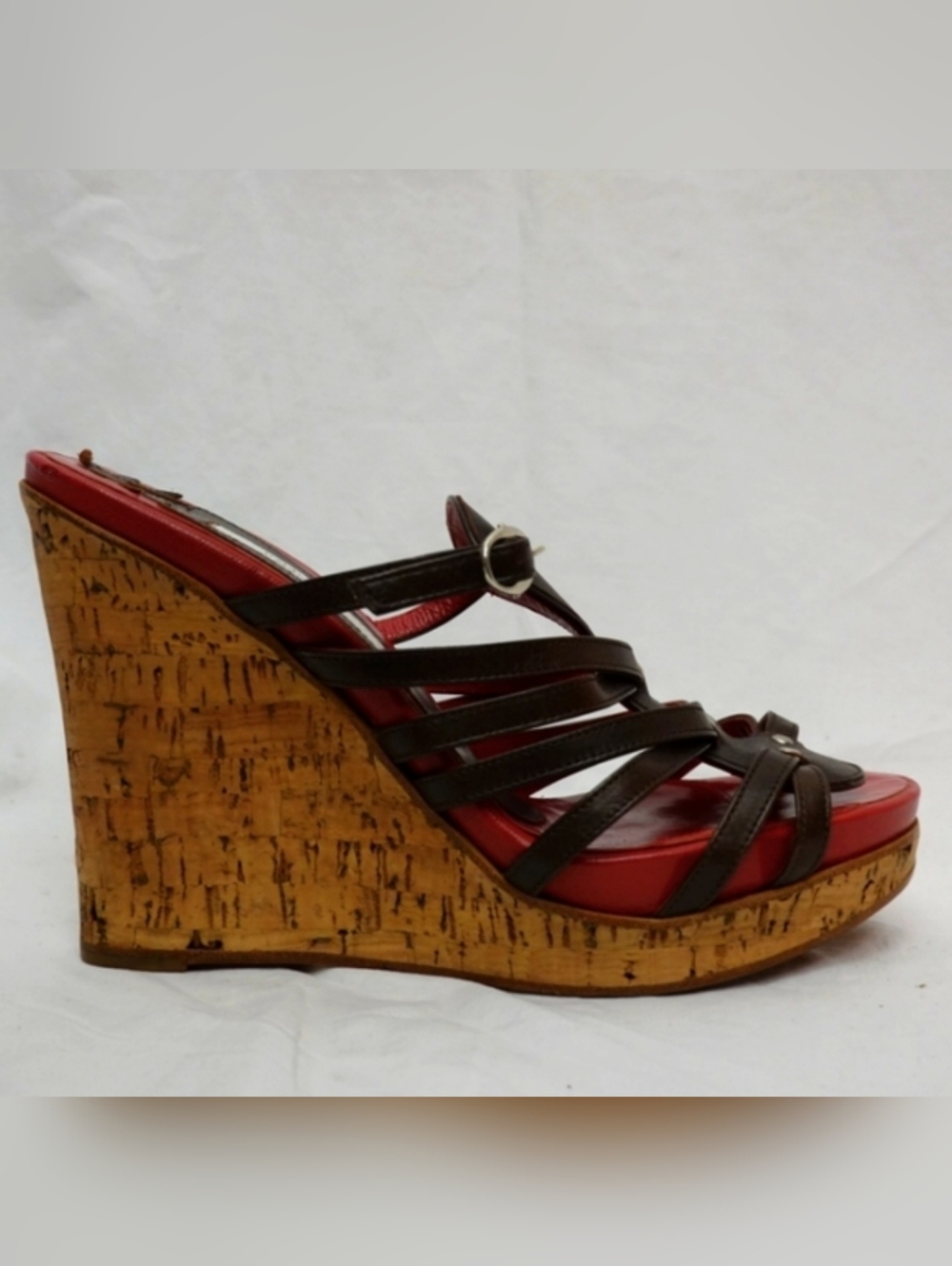 POLLINI Red & Brown Strappy Cork Platform Wedge Sandals, size 37